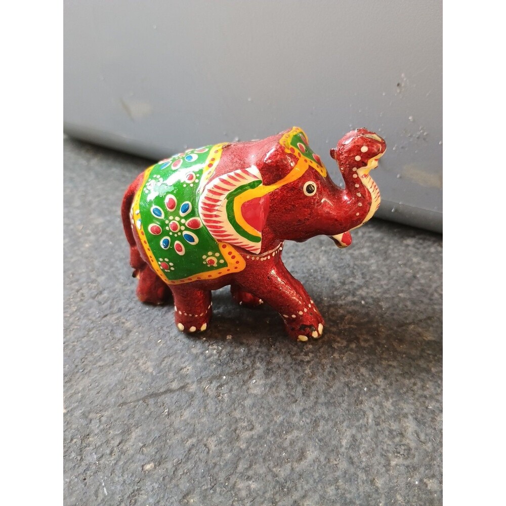 Rajasthani Hand Painted Elephant Figurine Good Luck Trunk Up